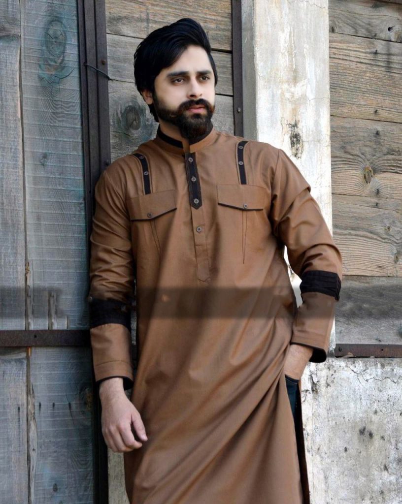 Brown Kurta With Black Contrast For Men Cotton and Wash & Wear Shop
