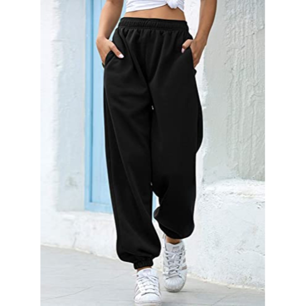 Unisex Baggy Black High Rise Warm Fleece Winter Trouser