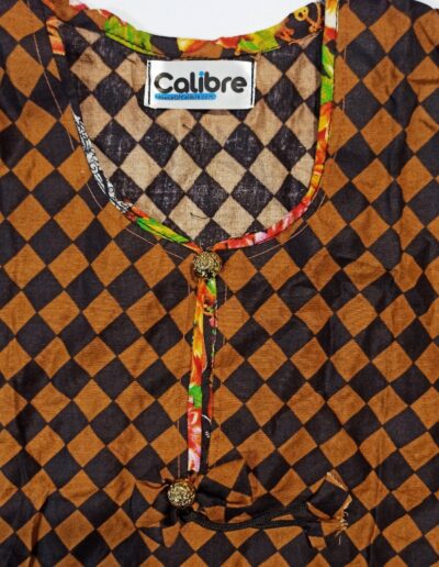 female-ladies-linen-khaddar-kurti-cotton trouser-embroidered trouser-white-black-check-house of calibre-women suiting- brown with black boxes