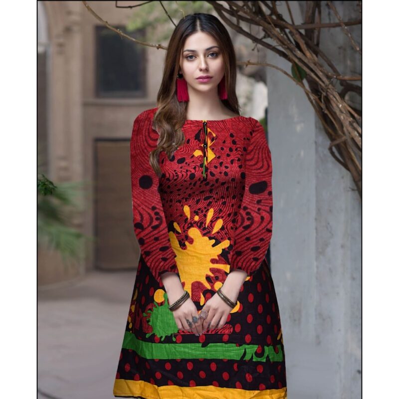 female-ladies-linen-khaddar-kurti-cotton trouser-embroidered trouser-white-black-check-house of calibre-women suiting-red & contrast yellow print neckline flower work-hand made kurti-online kurtian