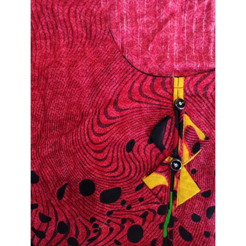female-ladies-linen-khaddar-kurti-cotton trouser-embroidered trouser-white-black-check-house of calibre-women suiting-red & contrast yellow print neckline work-short frock