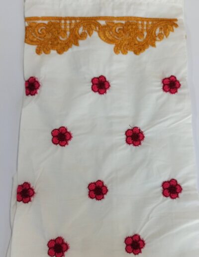 female-ladies-linen-khaddar-kurti-cotton trouser-embroidered trouser-white-black-check-house of calibre-women suiting- white with golden red embroidery