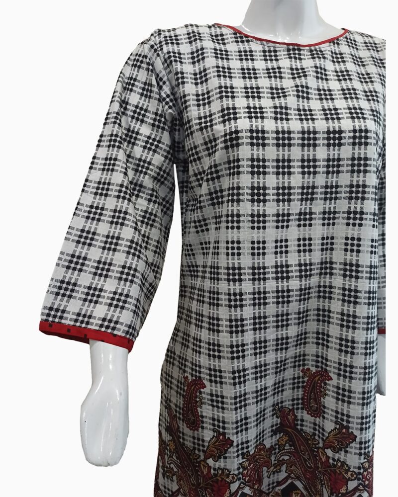 Check Design Lawn Kurti With Red Floral Pattern - Image 3