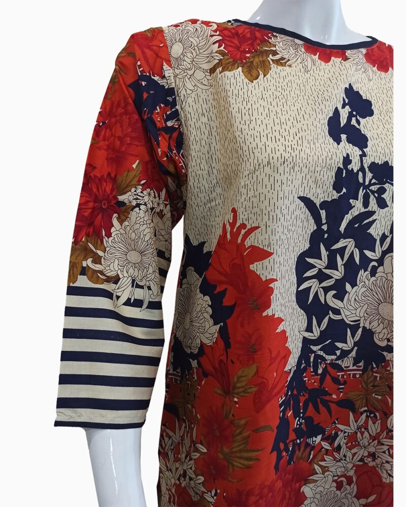 Skin & Orange Color Floral Pattern Lawn Kurti - Image 3