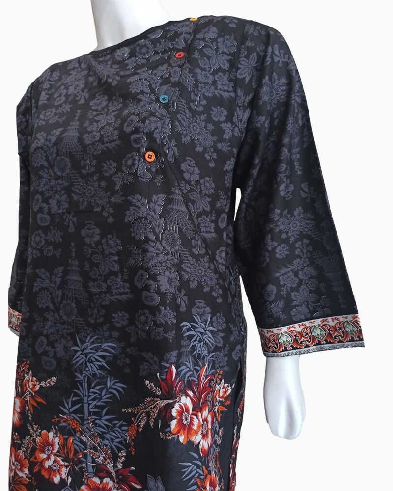 Black Printed Lawn Kurti With Orange Flower Pattern - Image 3