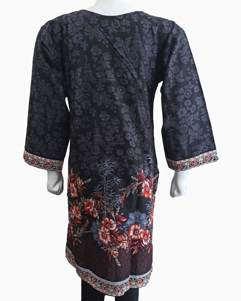 Black Printed Lawn Kurti With Orange Flower Pattern - Image 2