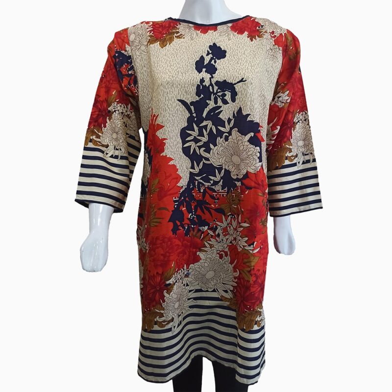 Skin & Orange Color Floral Pattern Lawn Kurti