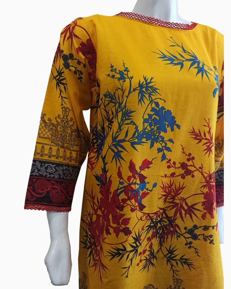 Yellow Lawn Kurti with Red & Blue Floral Print - Image 4