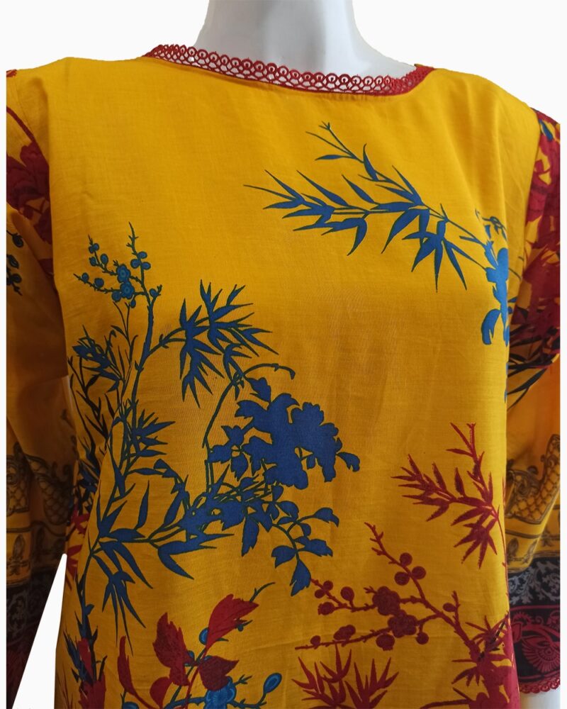 Yellow Lawn Kurti with Red & Blue Floral Print - Image 3