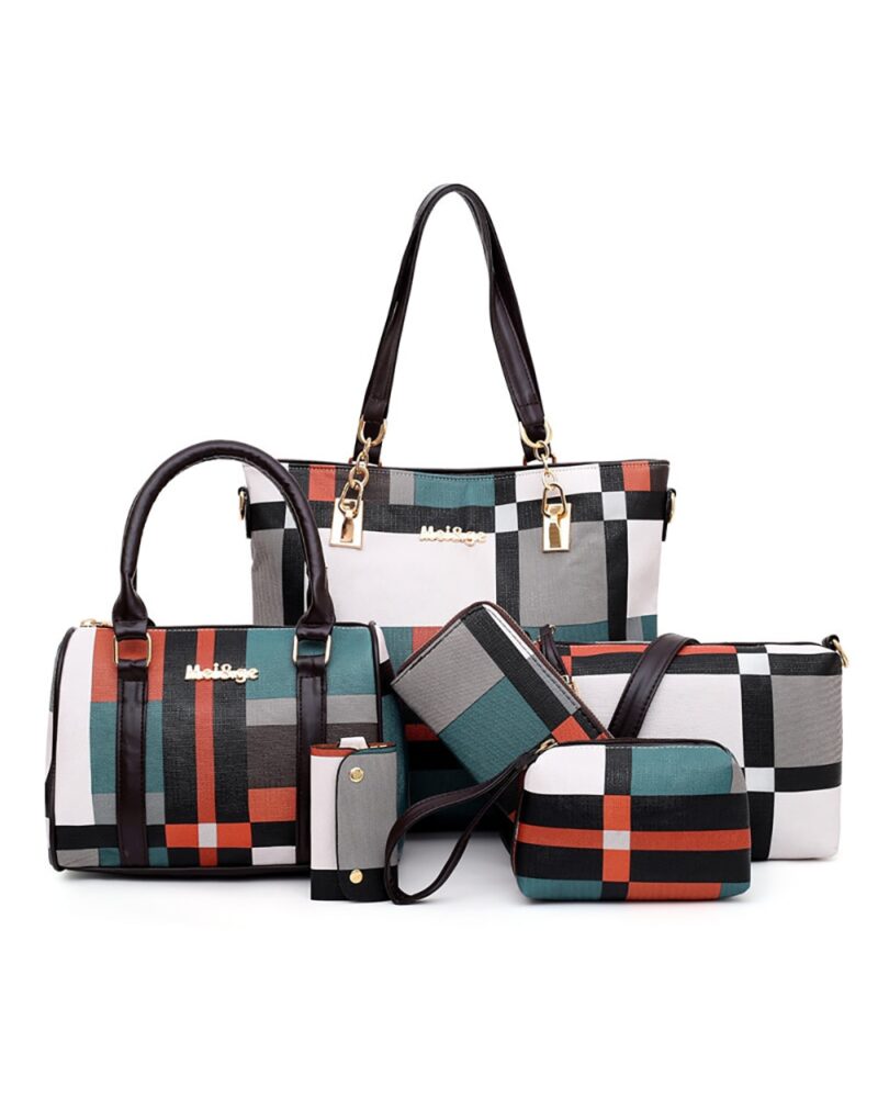Multi Color Checked Design 6 Piece Women Handbag Set