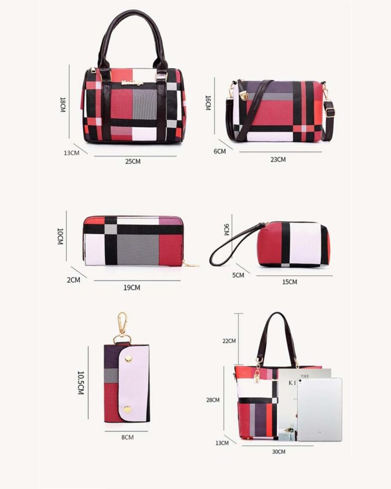 Black & White Checked Design 6 Piece Women Handbag Set - Image 9
