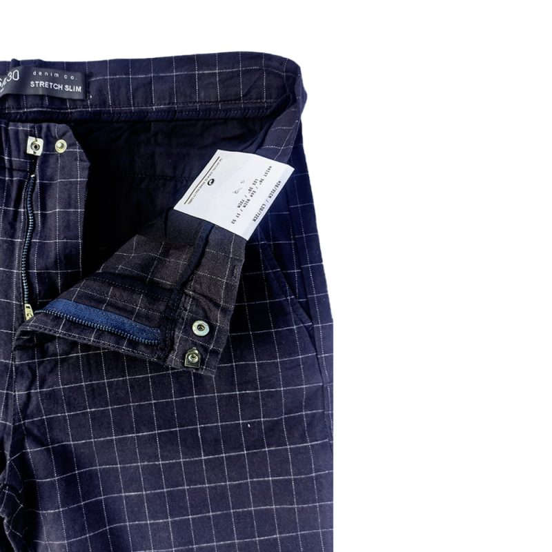 Plaid Check Denim & Co. Navy Blue Cotton Jeans Slim Fit