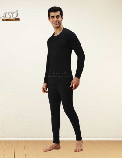 Full-length front and back shots of a sleek black two-piece wool suit, perfect as a winter thermal outfit for men and women