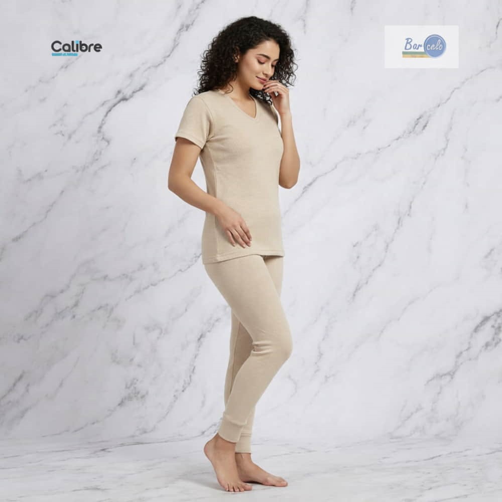 Women-Underwear-Winter-Wool-Stretchable-Fleece-CoOrd-Half Sleeves Top-Skin Color-Fit-Tights